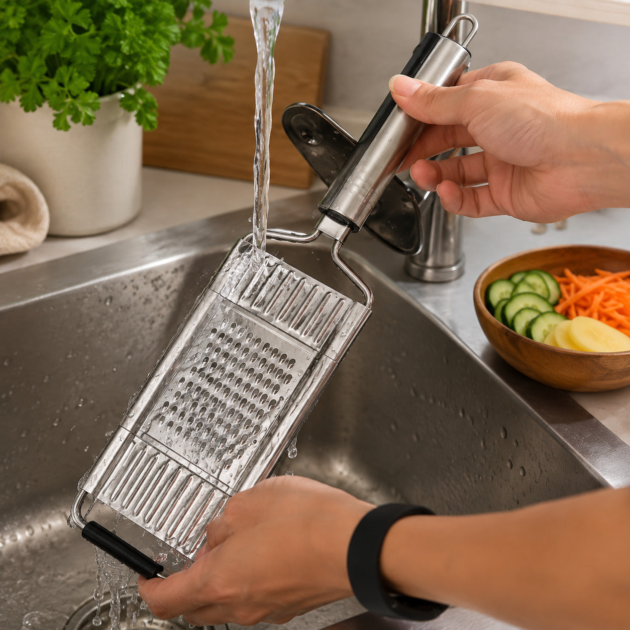 La mandoline en inox sous un robinet pour montrer la facilité e lavage.