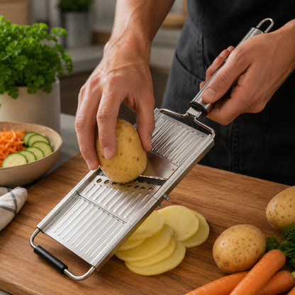 Image de près d'un homme qui tranche une pomme de terre avec sa mandoline en inox, en tenant la poignée intégrée, dans une jolie cuisine.