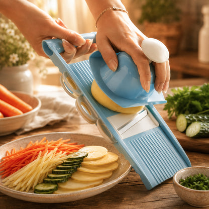 Image de la mandoline japonaise montrant des mains de femme qui tranche une pomme de terre dans un joli décor.