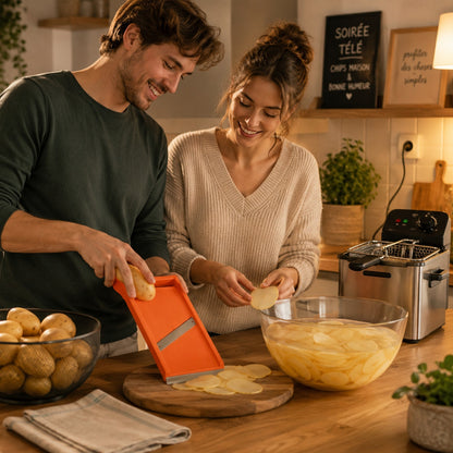 Un couple tranche des pommes de terre avec la mandoline japonaise orangée pour faire des chips