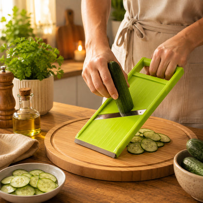 Mandoline japonaise vue de proche montrant une femme utilisant la verte pour trancher un concombre anglais.