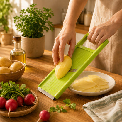 Mandoline japonaise vue de proche montrant une femme utilisant la verte pour trancher des pommes de terre.