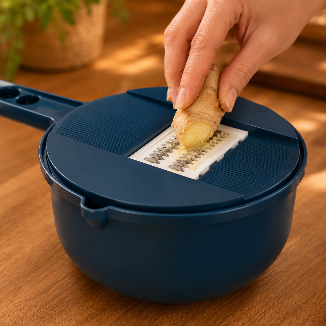 Image de la mandoline tout-en-un montrant la mandoline sur son contenant bleu pétrole et une main qui râpe un gingembre, dans un décor chaud