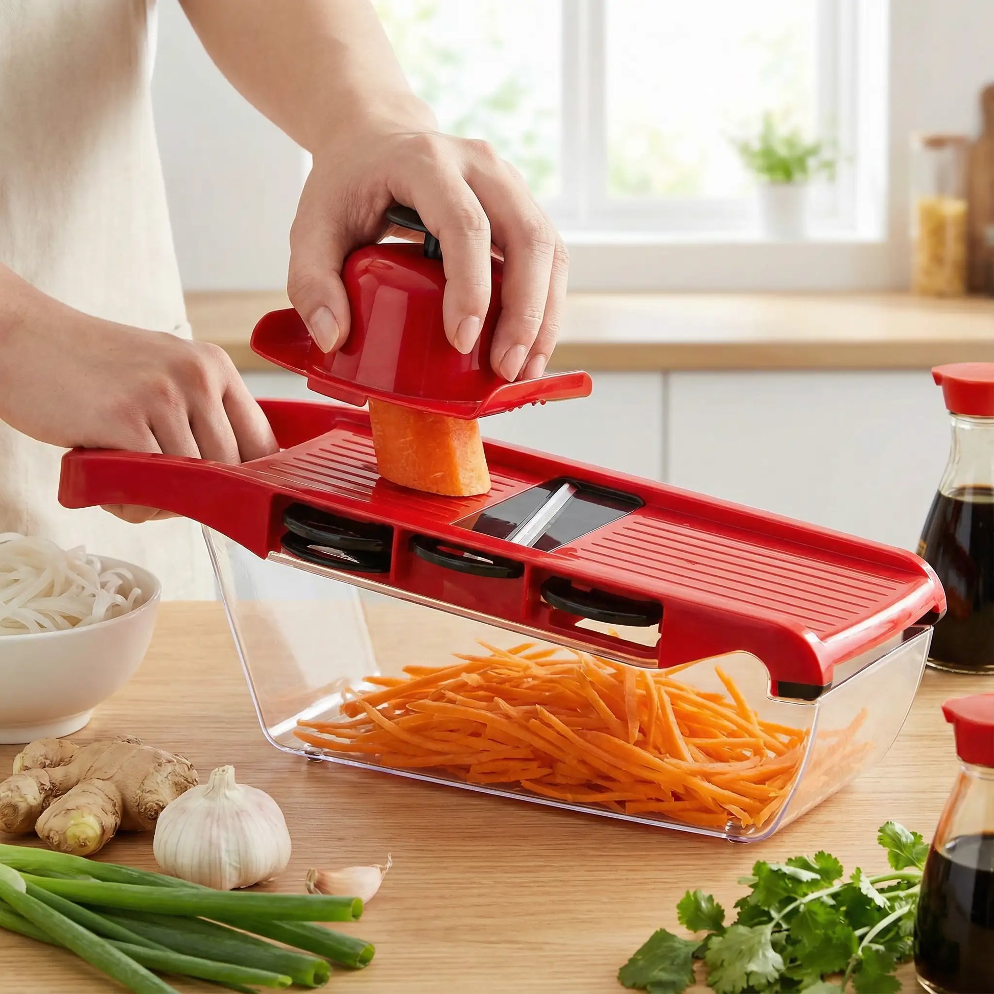 Image de proche montrant une femme qui prépare des carottes en juliennes dans sa mandoline rouge à 6 lames 