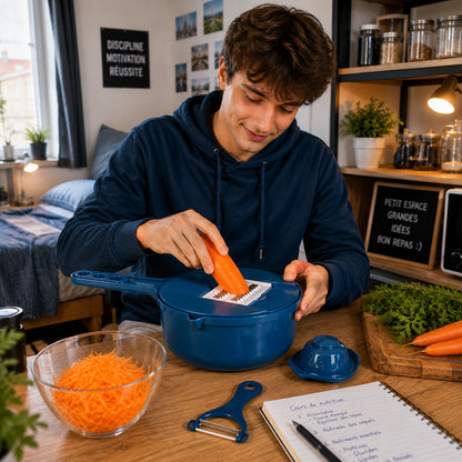 Un étudiant qui habite en chambre se prépare une salade de carottes avec sa mandoline tout-en-un, directement dans le large récipient à poignée inclus.