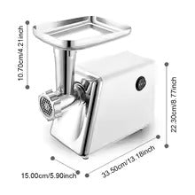 Hachoir à viande électrique blanc et chrome montre les mesures de l'appareil sur fond blanc.