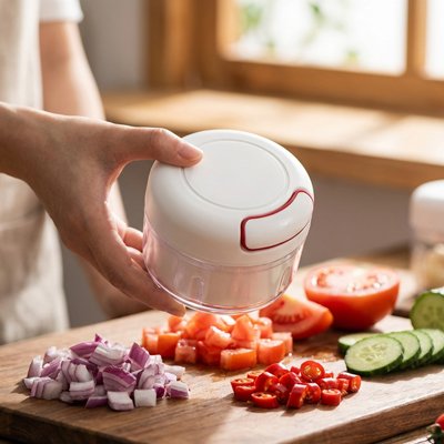 Une femme tient le mini hachoir dans sa main droite pour montrer sa taille. Sous le mini hachoir, se trouvent des légumes hachés sur une planche à découper en bois