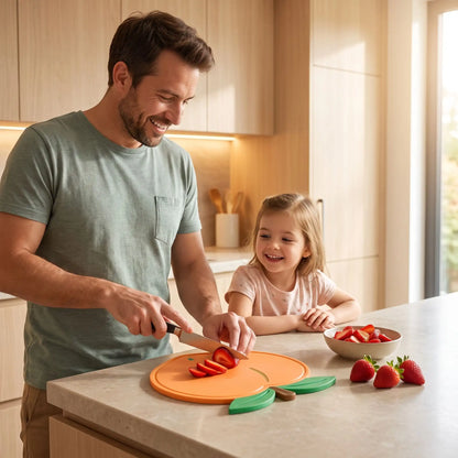 Un papa coupe une fraise en tranches sur sa planche à découper en forme de pêche, pendant que sa fillette le regarde
