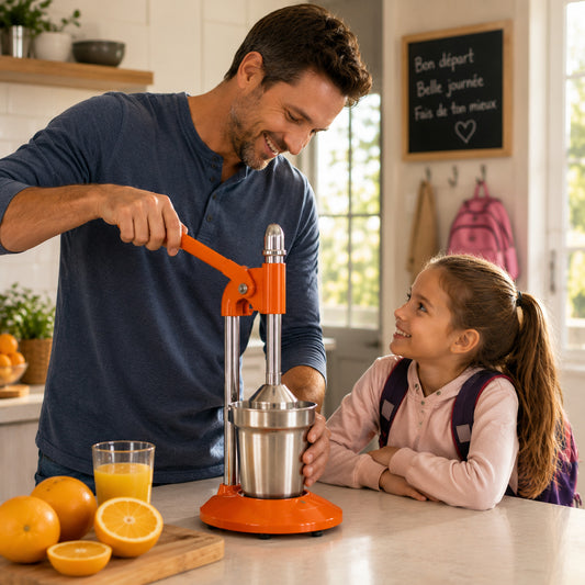 Un père prépare un jus d'oranges pour sa fillette avec son presse agrumes avant qu,elle ne parte pour l'école