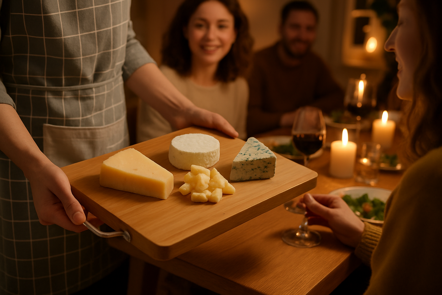 Planche à découper DécoCut en bambou avec des fromages pour présentation à des amis