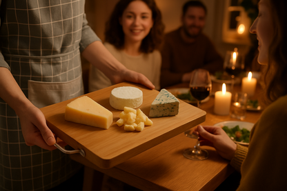 Planche à découper DécoCut en bambou avec des fromages pour présentation à des amis
