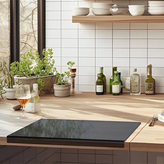 Planche à découper VerreContour installée dans une cuisine champêtre chic