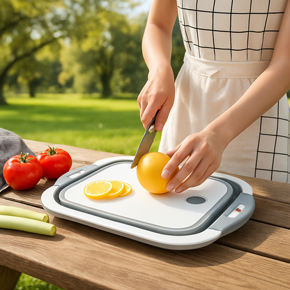 Planche à découper MultiFonctions blanche et grise à plat montrant une femme dehors coupant un citron