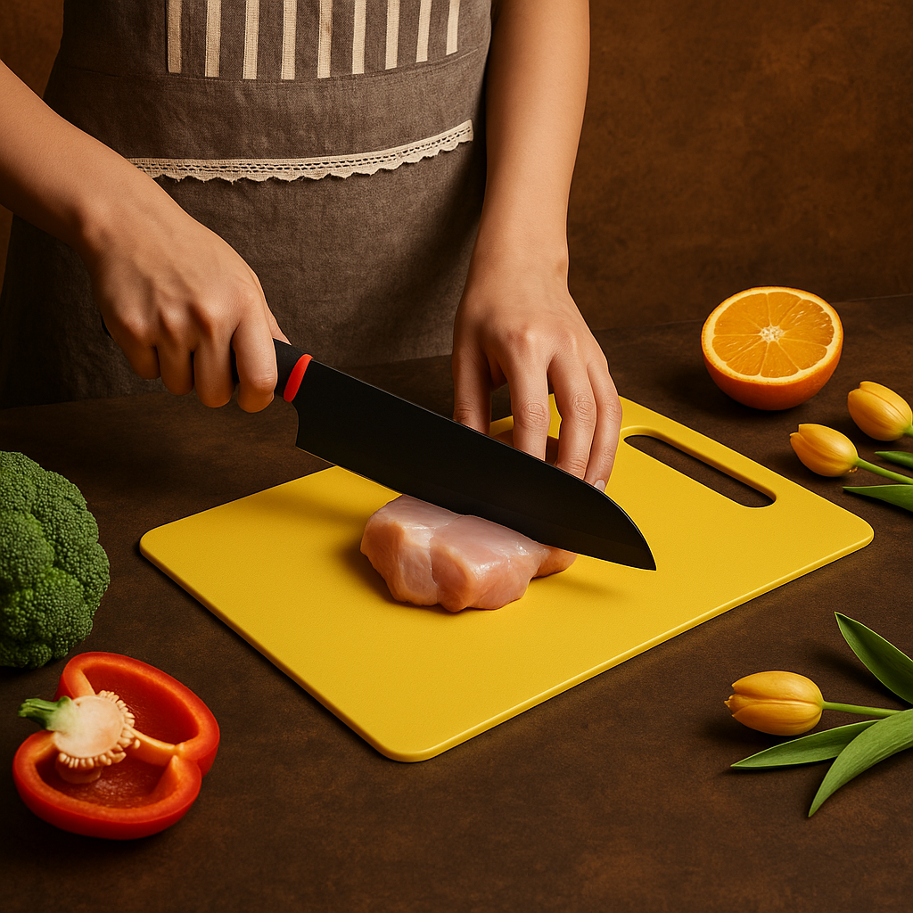 Planche à découper DayliCut jaune, antimicrobienne, femme coupant une poitrine de poulet