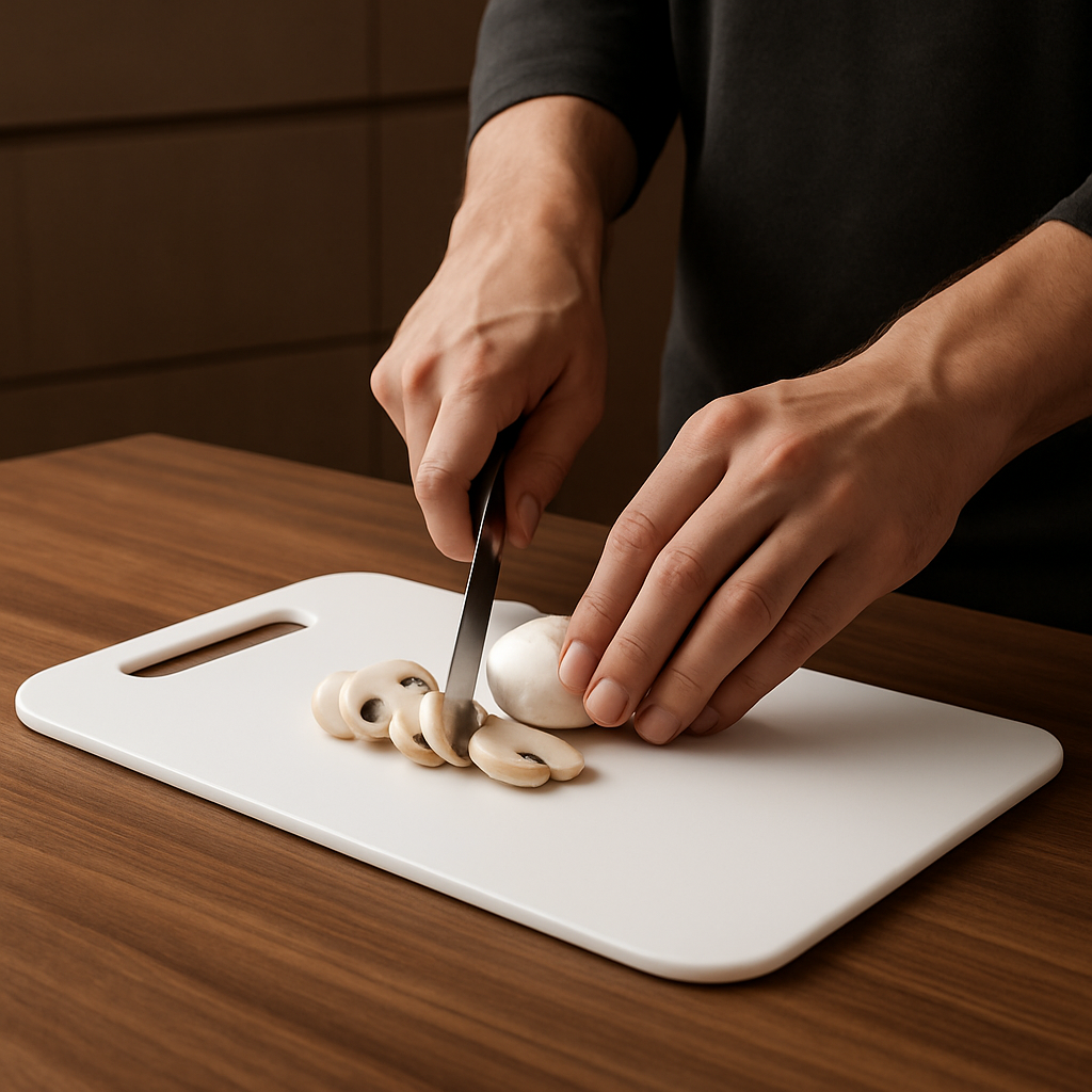 Planche à découper DayliCut blanche montrant un chef qui tranche des champignons