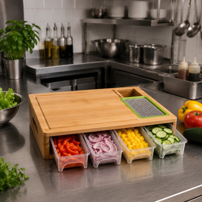 Planche à découper en bambou avec quatre tiroirs de rangement et râpe intégrée sur un comptoir en inox dans une cuisine professionnelle.