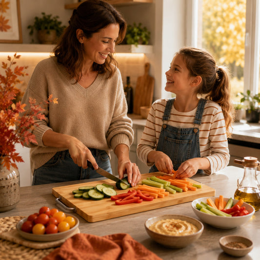 Une maman et sa fille préparent des crudités et des trempettes sur une grande planche à découper en bambou dans une cuisine chaleureuse.