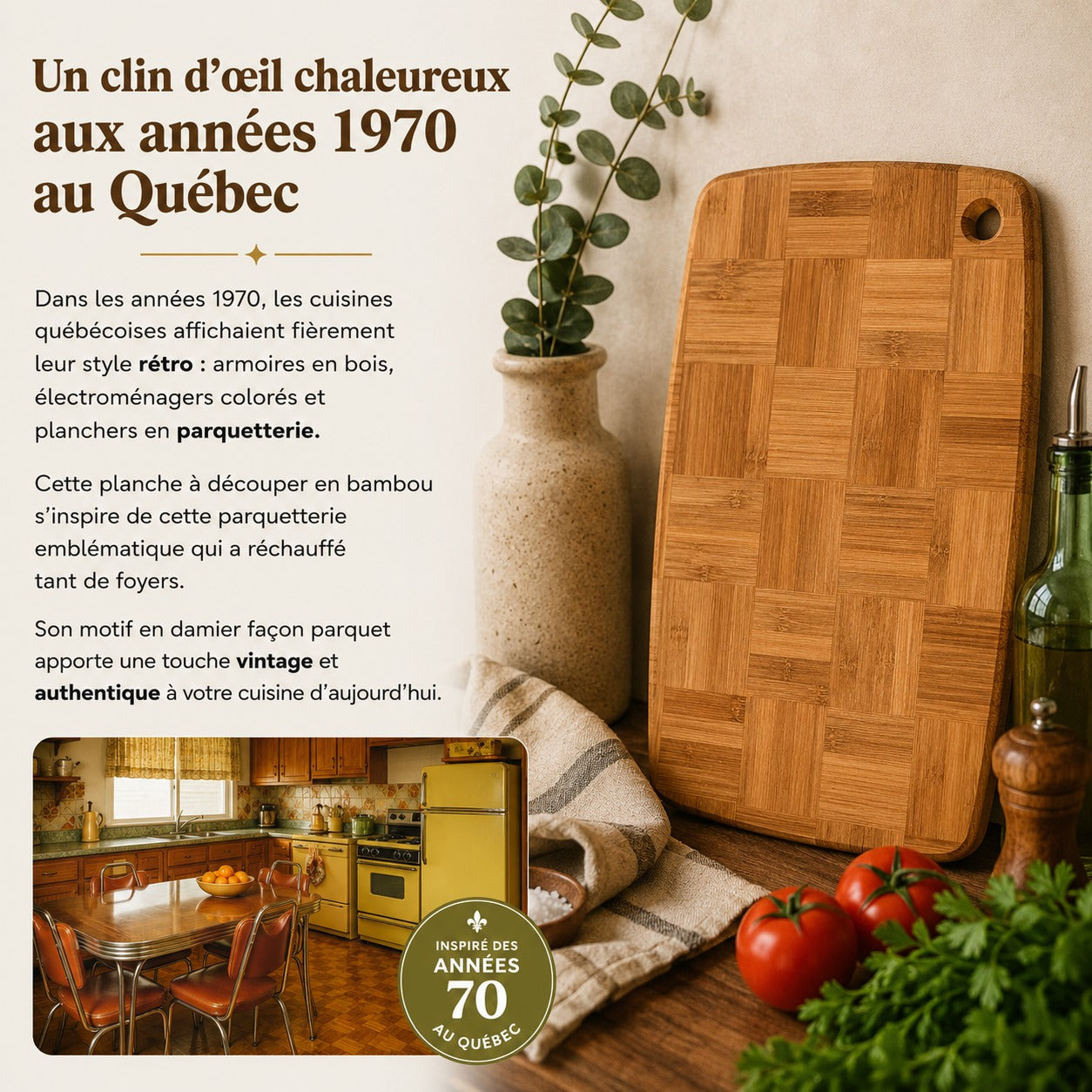 Illustration expliquant l'inspiration du motif en parquetterie des cuisines québécoises des années 1970 sur une planche à découper en bambou.