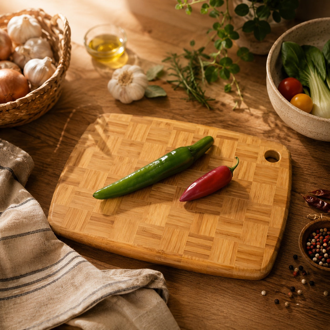 Planche à découper en bambou à motif parquetterie mise en scène dans une cuisine chaleureuse avec légumes, ail et herbes fraîches.