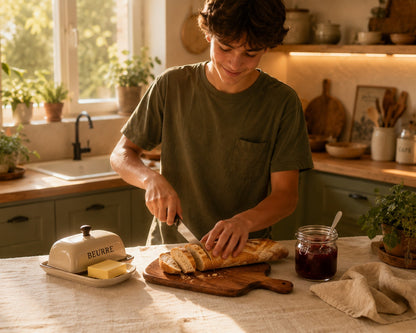 Jeune homme découpant une baguette sur une planche à découper bois d'acacia dans une cuisine chaleureuse. Près de lui, un pot de confiture et du beurre frais.
