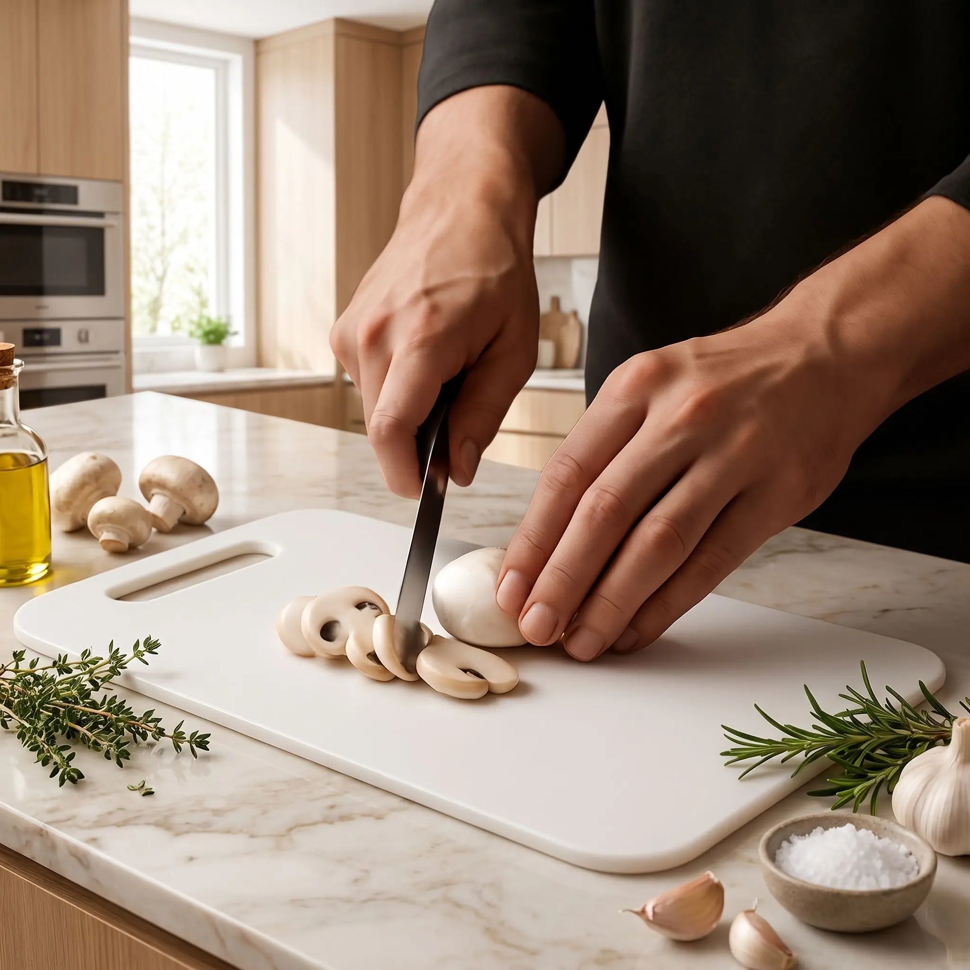 Un jeune homme coupe des champignons en lamelles sur la mini planche à découper blanche