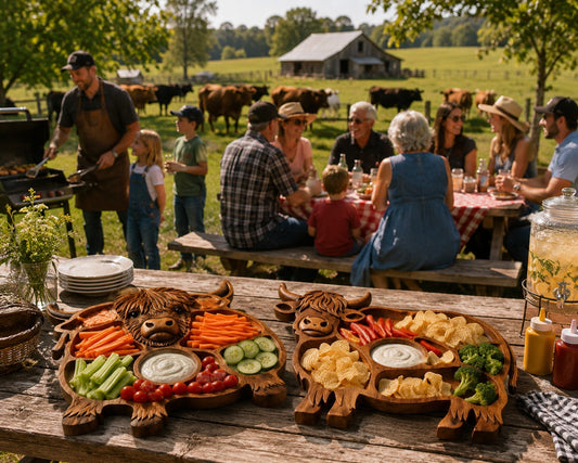 Un côté planche à découper bois imitation et de l'autre, plat de service en forme de boeuf highland, les deux formes différentes en avant plan lors d'un bar-b-q en plein-air à la ferme