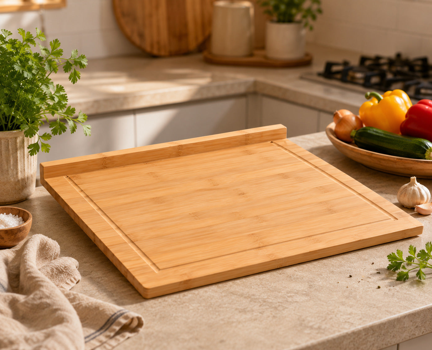 Grande planche à découper en bambou avec rebord stabilisateur, présentée sur un plan de travail dans une cuisine chaleureuse.