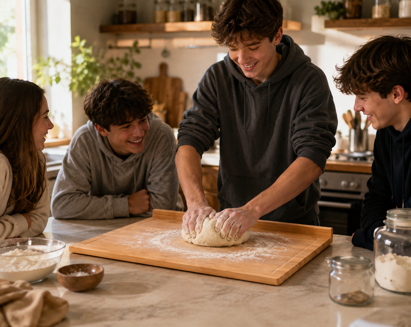 Jeune homme qui pétrit une pâte à pain sur une grande planche à découper en bois avec rebord, entouré de ses amis dans une cuisine chaleureuse.