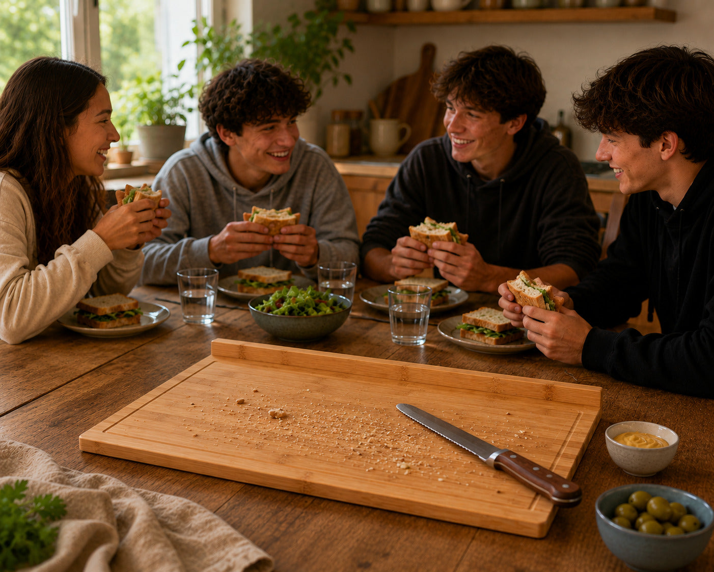Grande planche à découper en bois avec rebord présentant des miettes de pain et un couteau dentelé, pendant qu'un groupe d'amis partage des sandwichs autour de la table.