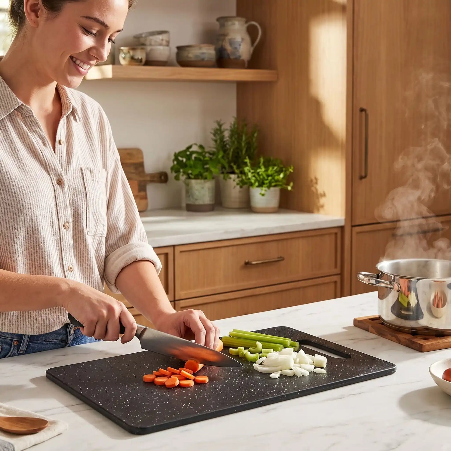 Une jeune femme coupe des légumes pour mettre dans sa soupe, dans une cuisine aux armoires en bois