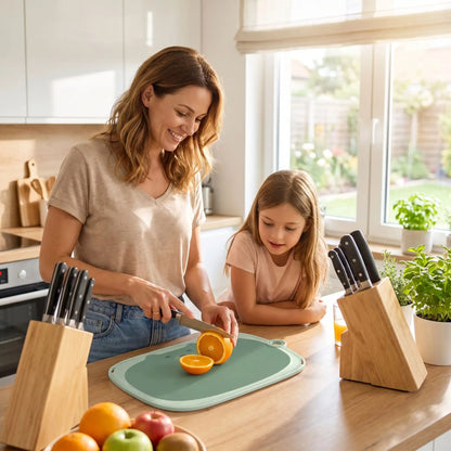 Une maman coupe une orange en tranches pendant que sa fillette la regarde. Elle sont dans une cuisine bien éclairée par le soleil