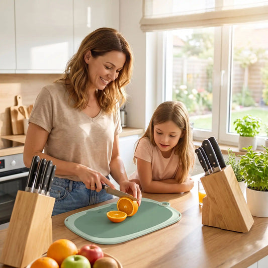 Une maman coupe une orange en tranches pendant que sa fillette la regarde. Elle sont dans une cuisine bien éclairée par le soleil