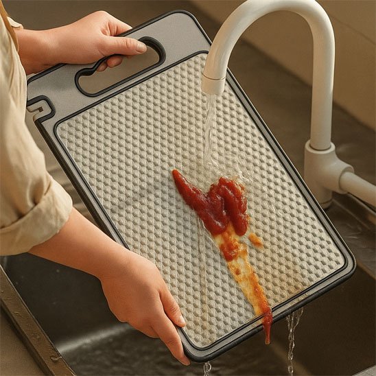 Planche à découper montrant la facilité de lavage sous un robinet de cuisine