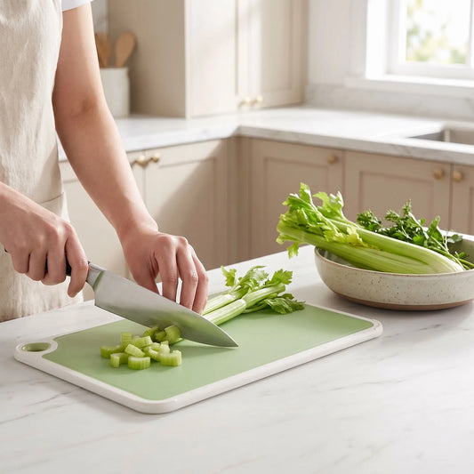 Jolie planche à découper de couleur vert clair utilisé par une maman qui coupe un céleri en petites rondelles