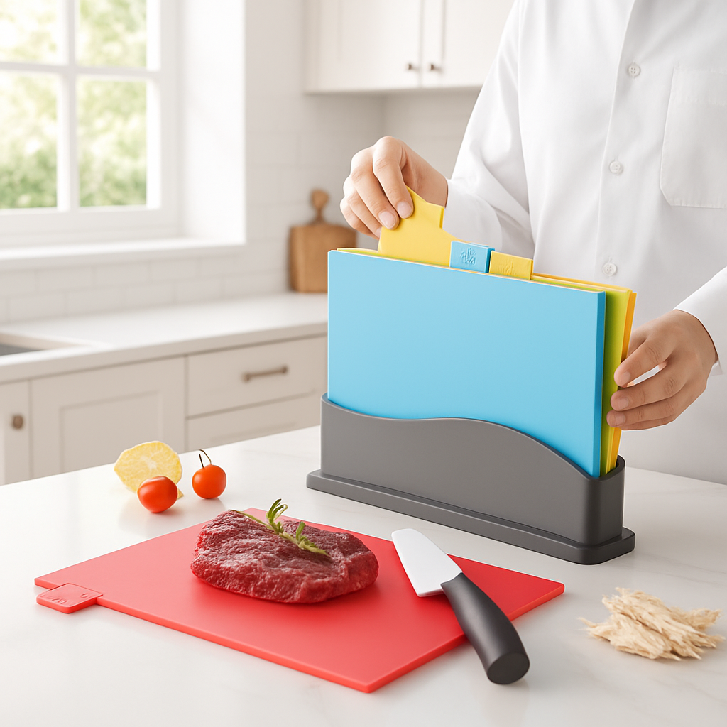 Planches à découper MiniQuatro montrant une pièce de bœuf sur la planche rouge alors que les autres sont rangées dans leur support