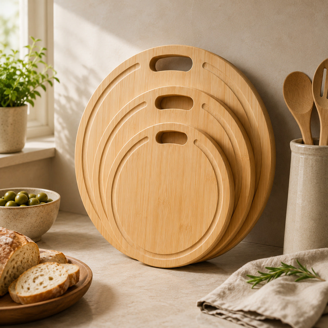 Choix de trois planches à découper rondes en bambou avec poignée intégrée, présentées dans une cuisine chaleureuse, idéales pour préparer et servir les repas.
