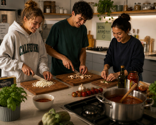 Trois étudiants préparent un repas spaghetti ensemble en utilisant les trois formats de planches à découper en damier 