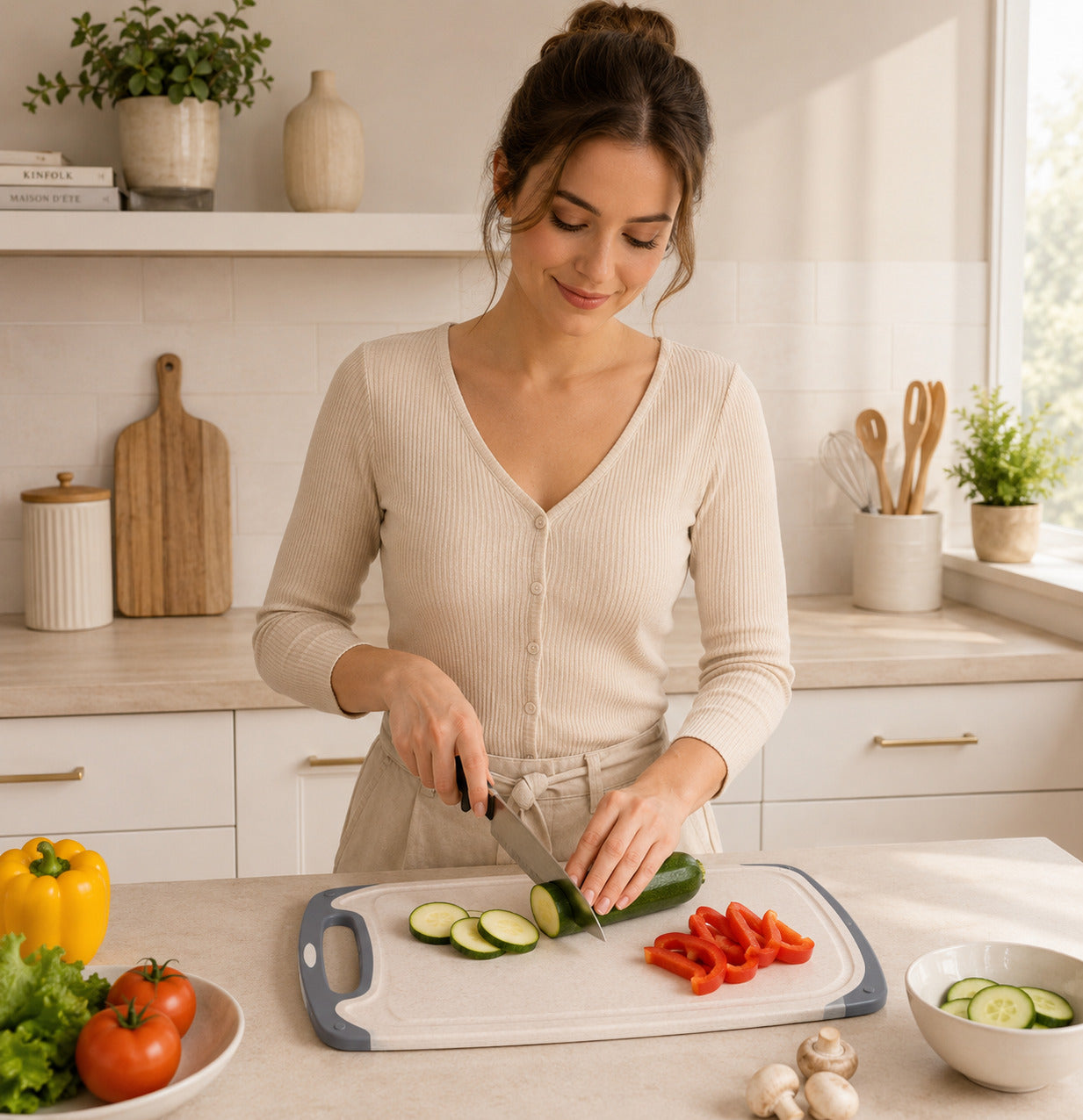 Une jeune femme élégante, prépare des légumes pour une salade, sur sa planche à découper de grande taille, dans une cuisine aux tons clairs.