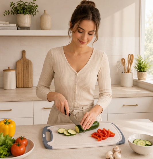 Une jeune femme élégante, prépare des légumes pour une salade, sur sa planche à découper de grande taille, dans une cuisine aux tons clairs.
