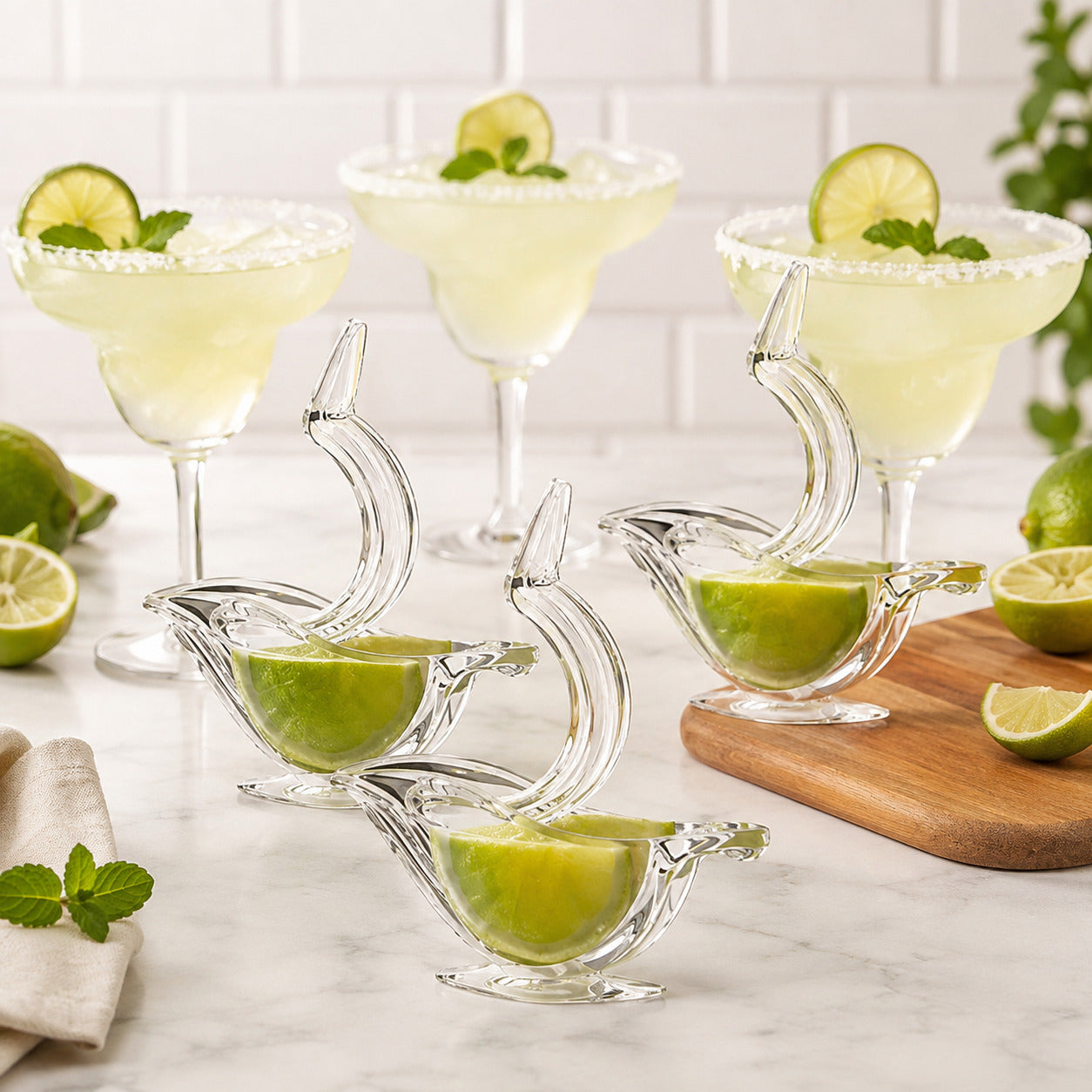 3 jolis presse agrume en acrylique clair en forme d'oiseau dans lequel il y a une demie tranche de citron vert entouré de 3 Margaritas dans un décor ensoleillé