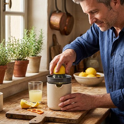 Un homme est en train d'extraire le jus d'un citron avec son presse agrume couleur crème