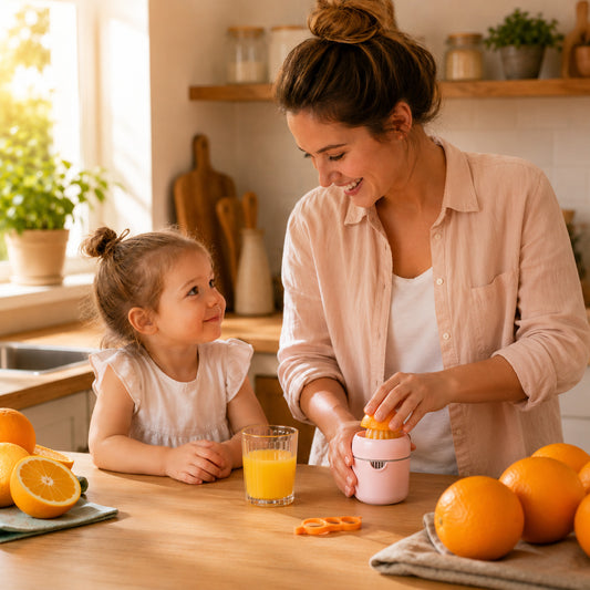 Une maman prépare un jus d'orange frais avec le presse agrume rose pendant que sa petite fille la regarde avec émerveillement.