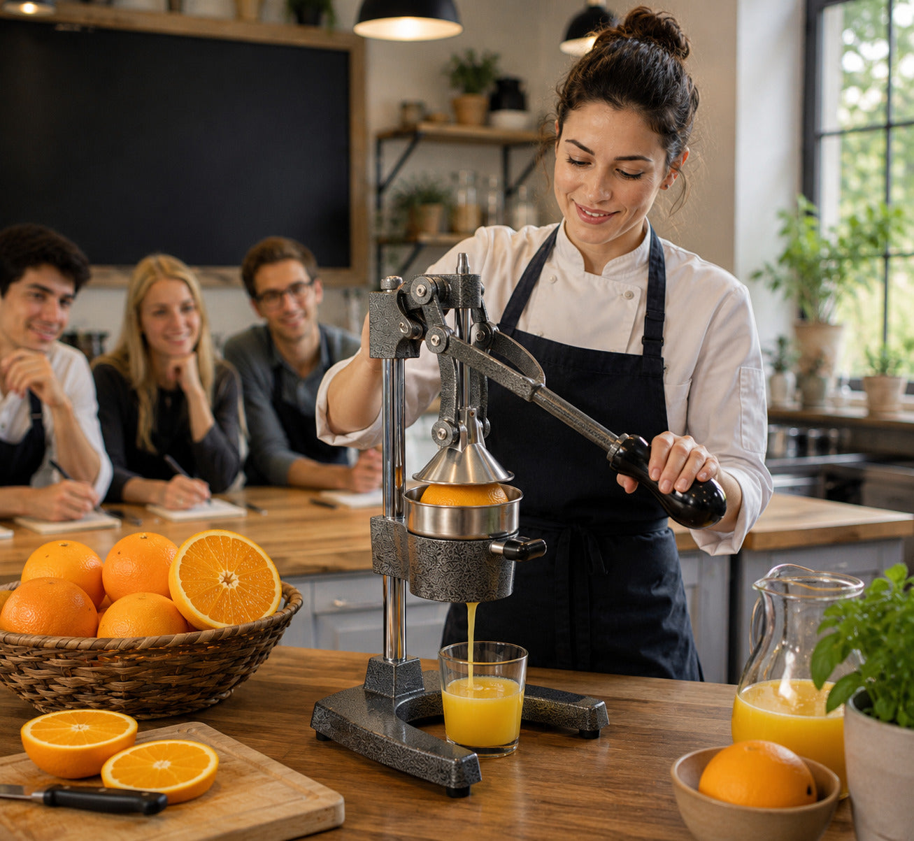Le presse agrume manuel de qualité commerciale est présenté dans une cuisine-école où une cheffe enseigne les techniques d'extraction des agrumes.