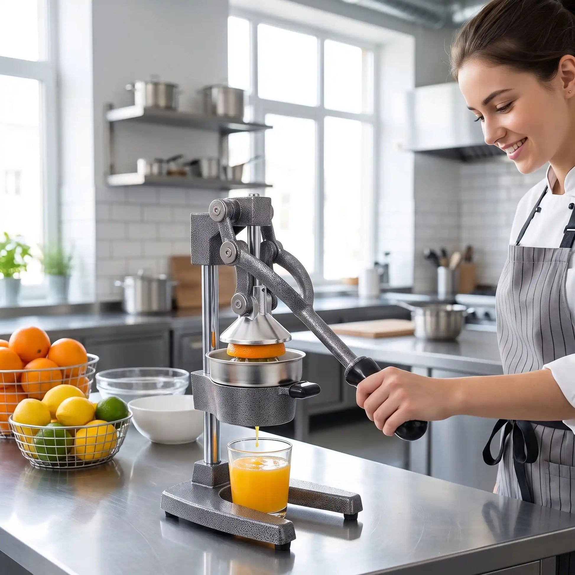 Une jeune cheffe utilise le presse agrume manuel de qualité commerciale lors d'un cours de cuisine pour préparer un jus d'orange frais.