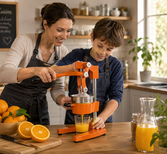 Une maman apprend à son fils de 10 ans à utiliser le presse agrume manuel de qualité commerciale pour préparer un jus d'orange frais.