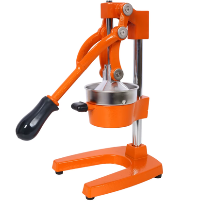 Le presse agrume manuel orange de qualité commerciale est présenté sur fond blanc afin de mettre en valeur sa structure robuste en fonte et ses composants en acier inoxydable.