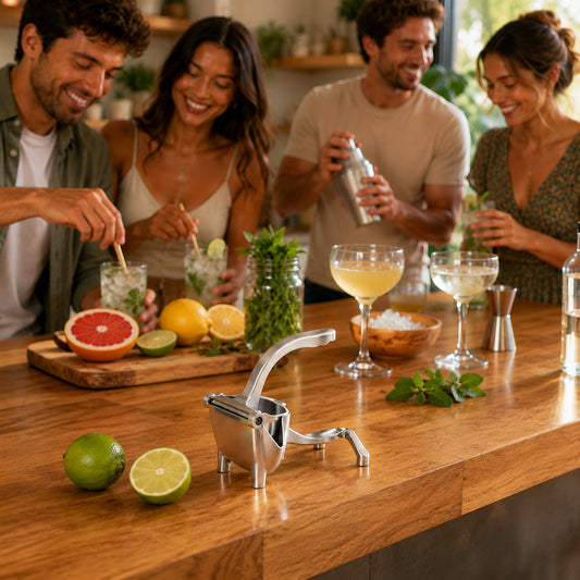 Le petit presse agrume en alliage d'aluminium est mis de l'avant sur une table autour de laquelle des amis se préparent un cocktail
