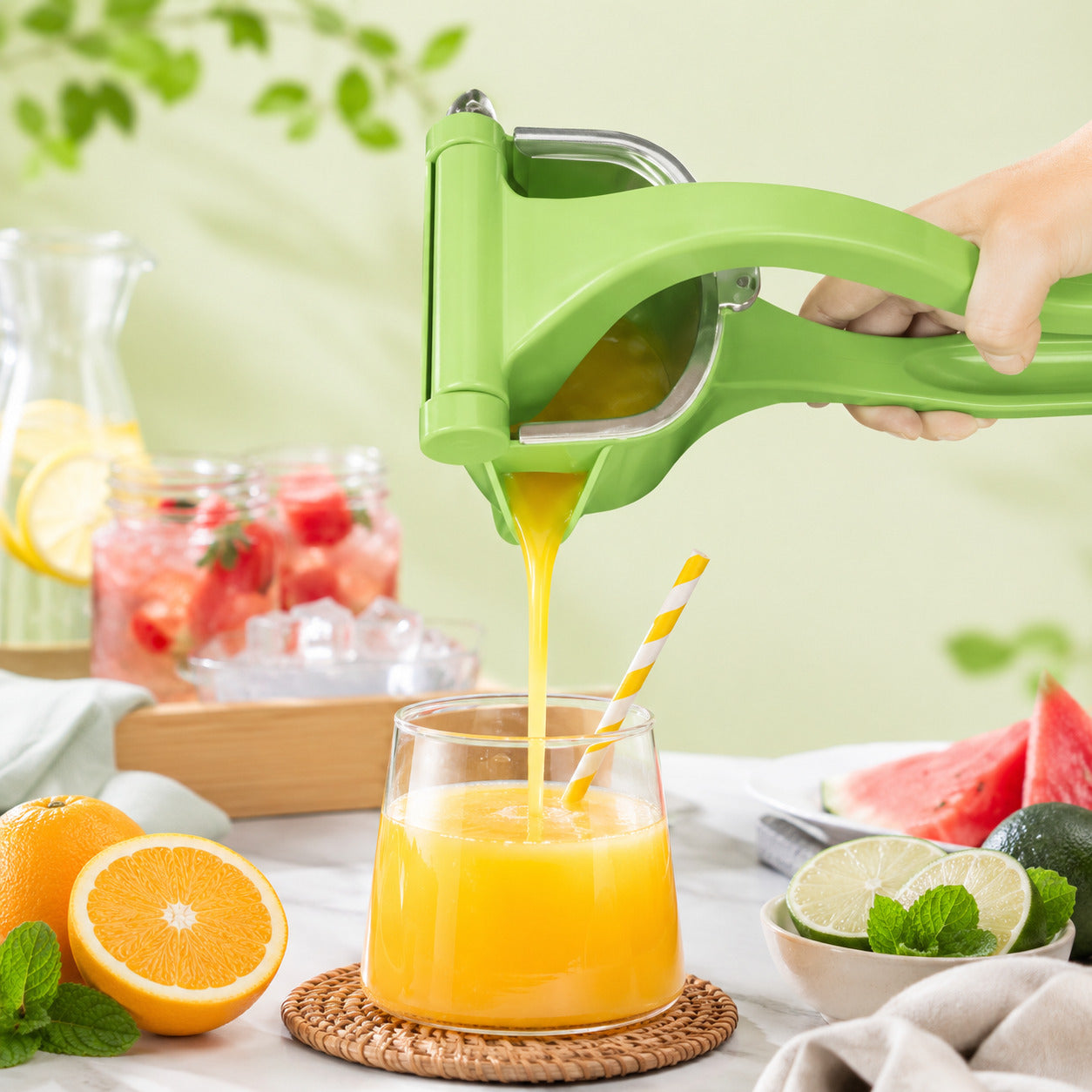 Presse agrumes vert qui verse un jus d'orange fraîchement pressée dans un verre avec paille dans un décor estival.