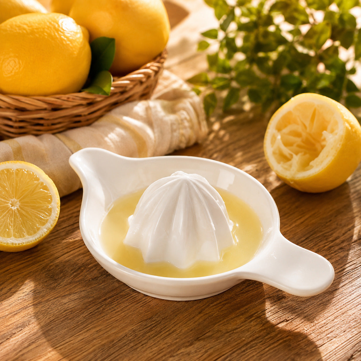 Presse agrumes en céramique blanche dans un joli décor entouré de citrons