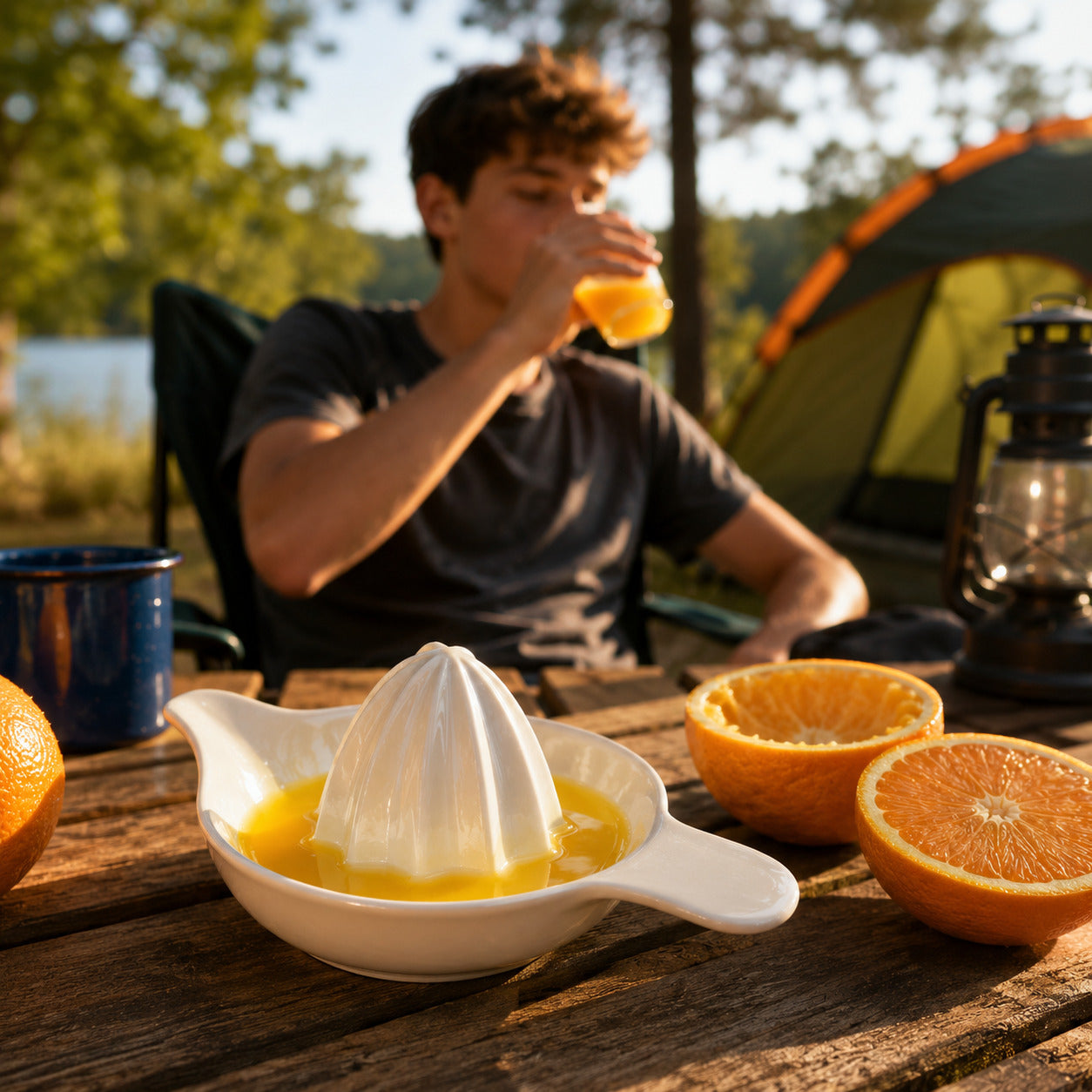 Un jeune homme boit un verre de jus d'orange fraîchement pressé avec son mignon presse agrumes en céramique blanche, laissé sur la table à pique-nique du camping.